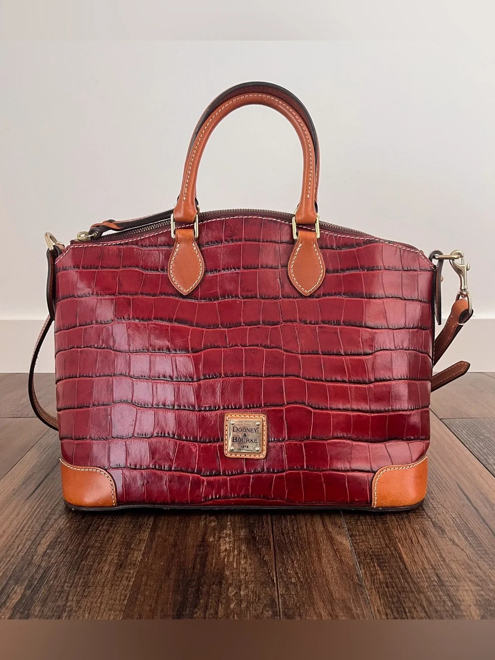 Dooney & Bourke Croc Embossed Leather Satchel Bag Dual Handle Long Strap 3C968